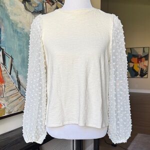 Anthropologie Maeve Cream Textured Knit Top with Swiss Dot Puff Sleeves